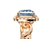 Halo Engagement Ring Setting for Fancy Blue Princess Cut Center with Open Scroll Shoulders and Prong Head in Rose Gold