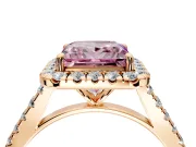 Halo Engagement Ring Setting for Fancy Pink Princess Cut Center with Narrowing Pave Band and Prong Head in Rose Gold