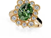 Cluster Halo Engagement Ring Setting for Fancy Green Oval Center with Milgrain Bezel Accents and Prong Head in Yellow Gold