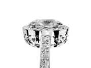 Halo Engagement Ring Setting for Oval Center with Heart-Shaped Openwork, Pave Band and Prong Head in White Gold