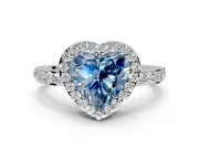 Halo Engagement Ring Setting for Fancy Blue Heart-Shaped Center with Heart-Shaped Openwork, Pave Band and Prong Head in Platinum