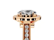 Halo Engagement Ring Setting for Oval Center with Outer Bezel Rim, Pave Band and Prong Head in Rose Gold