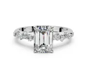Cluster Engagement Ring Setting for Emerald Cut Center with Round Cut Accent Band and Prong Head in White Gold