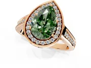 Halo Engagement Ring Setting for Fancy Green Pear-Shaped Center with Outer Bezel Rim, Pave Band and Prong Head in Rose Gold