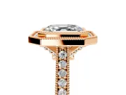 Halo Engagement Ring Setting for Asscher Cut Center with Milgrain Pave Band and Bezel Head in Rose Gold