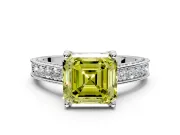 Solitaire Engagement Ring Setting for Fancy Yellow Asscher Cut Center with Milgrain-Framed Pave Band and Prong Head in Sterling Silver