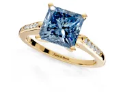 Solitaire Engagement Ring Setting for Fancy Blue Princess Cut Center with Channel Accents and Prong Head in Yellow Gold