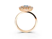 Halo Engagement Ring Setting for Fancy Blue Emerald Cut Center with Milgrain Bezel Rim, Plain Band and Prong Head in Rose Gold