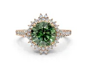 Sunburst Halo Engagement Ring Setting for Fancy Green Round Cut Center with Pave Band and Prong Head in Rose Gold