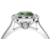 Halo Engagement Ring Setting for Fancy Green Cushion Cut Center with Milgrain Pave Band and Bezel Head in White Gold