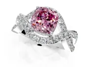 Halo Engagement Ring Setting for Fancy Pink Cushion Cut Center with Pave Infinity Twist Band and Prong Head in Sterling Silver