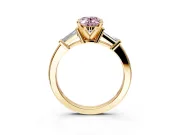 3 Stone Engagement Ring Setting for Fancy Pink Oval Center with Channel Baguette Accents and Prong Head in Yellow Gold