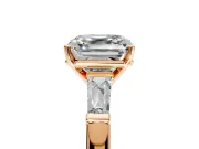 3 Stone Engagement Ring Setting for Asscher Cut Center with Tapered Baguettes, Plain Band and Prong Head in Rose Gold