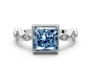 Milgrain Bezel Engagement Ring Setting for Fancy Blue Princess Cut Center with Marquise Stations and Bezel Head in Sterling Silver