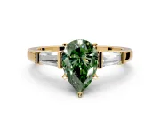 3 Stone Engagement Ring Setting for Fancy Green Pear-Shaped Center with Channel Baguette Accents and Prong Head in Yellow Gold