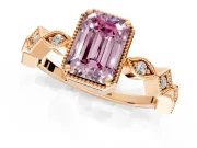 Milgrain Bezel Engagement Ring Setting for Fancy Pink Emerald Cut Center with Marquise Stations and Bezel Head in Rose Gold