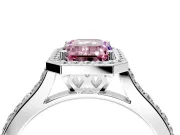 Halo Engagement Ring Setting for Fancy Pink Emerald Cut Center with Pave Accents, Heart Basket and Prong Head in Platinum