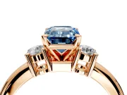 3 Stone Engagement Ring Setting for Fancy Blue Emerald Cut Center with Wide Plain Band and Prong Head in Rose Gold