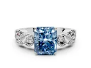 Leaf Engagement Ring Setting for Fancy Blue Princess Cut Center with Milgrain Accent Band and Prong Head in White Gold