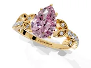 Leaf Motif Engagement Ring Setting for Fancy Pink Pear-Shaped Center with Pave Band and Prong Head in Yellow Gold