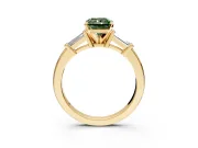 3 Stone Engagement Ring Setting for Fancy Green Radiant Cut Center with Channel Baguette Accents and Prong Head in Yellow Gold