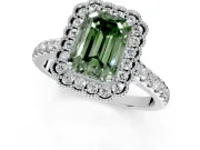 Milgrain Floral Halo Engagement Ring Setting for Fancy Green Emerald Cut Center with Pave Band and Prong Head in White Gold