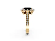 Halo Engagement Ring Setting for Fancy Black Emerald Cut Center with Milgrain Channel Band and Prong Head in Yellow Gold