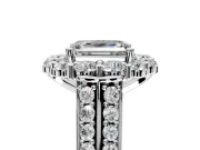 Large Accent Halo Engagement Ring Setting for Emerald Cut Center with Pave Split Shank and Prong Head in Platinum