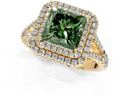 Double Halo Engagement Ring Setting for Fancy Green Princess Cut Center with Narrow Pave Split Shank and Prong Head in Yellow Gold