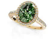 Halo Engagement Ring Setting for Fancy Green Oval Center with Pave Accents, Heart Basket and Prong Head in Yellow Gold