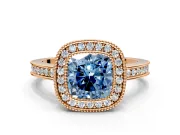 Halo Engagement Ring Setting for Fancy Blue Cushion Cut Center with Milgrain Halo, Pave Band and Prong Head in Rose Gold