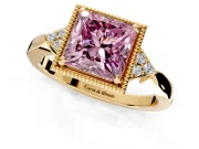 Cluster Engagement Ring Setting for Fancy Pink Princess Cut Center with Milgrain Shoulder Clusters and Prong Head in Yellow Gold