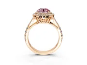 Double Halo Engagement Ring Setting for Fancy Pink Round Cut Center with Narrow Pave Split Shank and Prong Head in Rose Gold