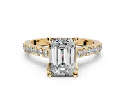 Solitaire Engagement Ring Setting for Emerald Cut Center with Widening Pave Band and Claw Prong Head in Yellow Gold