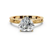 Solitaire Engagement Ring Setting for Heart-Shaped Center with Engraved Milgrain Band and Prong Head in Yellow Gold