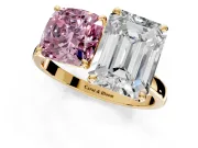 Fancy Pink Cushion Cut and Emerald Cut Lab-Grown Diamond Toi et Moi Engagement Ring with Prong-Set Stones in Yellow Gold