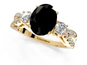 3 Stone Engagement Ring Setting for Fancy Black Oval Center with Pave Split Shank and Prong Head in Yellow Gold