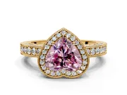 Milgrain Halo Engagement Ring Setting for Fancy Pink Heart-Shaped Center with Wide Pave Band and Prong Head in Yellow Gold
