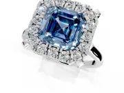 Single Halo Engagement Ring Setting for Fancy Blue Asscher Cut Center with Corner Claws, Plain Band and Prong Head in Platinum