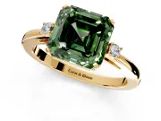 3 Stone Engagement Ring Setting for Fancy Green Asscher Cut Center with Low-Set Round Cut Accents and Prong Head in Yellow Gold