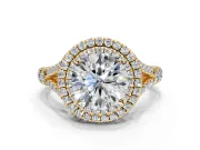 Double Halo Engagement Ring Setting for Round Cut Center with Narrow Pave Split Shank and Prong Head in Yellow Gold