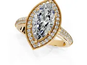 Milgrain Halo Engagement Ring Setting for Marquise Center with Three-Sided Pave Band and Prong Head in Yellow Gold