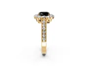 Halo Engagement Ring Setting for Fancy Black Cushion Cut Center with Milgrain Channel Band and Prong Head in Yellow Gold