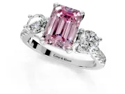 3 Stone Engagement Ring Setting for Fancy Pink Emerald Cut Center with Crossover Basket, Pave Band and Prong Head in Sterling Silver