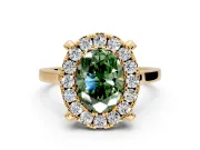 Single Halo Engagement Ring Setting for Fancy Green Oval Center with Corner Claws, Plain Band and Prong Head in Yellow Gold