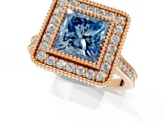 Halo Engagement Ring Setting for Fancy Blue Princess Cut Center with Milgrain Frame, Pave Band and Prong Head in Rose Gold