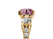 3 Stone Engagement Ring Setting for Fancy Pink Round Cut Center with Crossover Basket, Pave Band and Prong Head in Yellow Gold