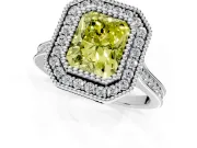 Halo Engagement Ring Setting for Fancy Yellow Radiant Cut Center with Milgrain Frame, Pave Band and Prong Head in White Gold