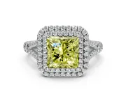 Double Halo Engagement Ring Setting for Fancy Yellow Princess Cut Center with Narrow Pave Split Shank and Prong Head in White Gold