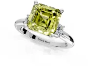 3 Stone Engagement Ring Setting for Fancy Yellow Asscher Cut Center with Wide Plain Band and Prong Head in Platinum